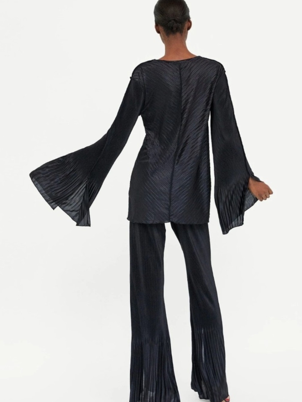 Zara Blouse Contrasting Pleated Top Black Satin Bell Sleeves Women's Size S